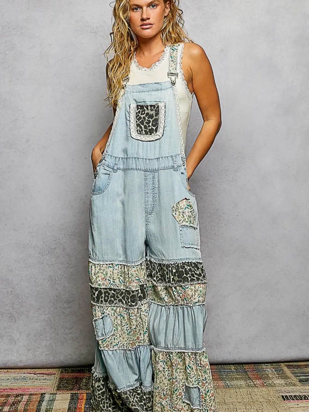 POL Light Blue Denim Patchwork Overalls with Floral & Leopard Accents